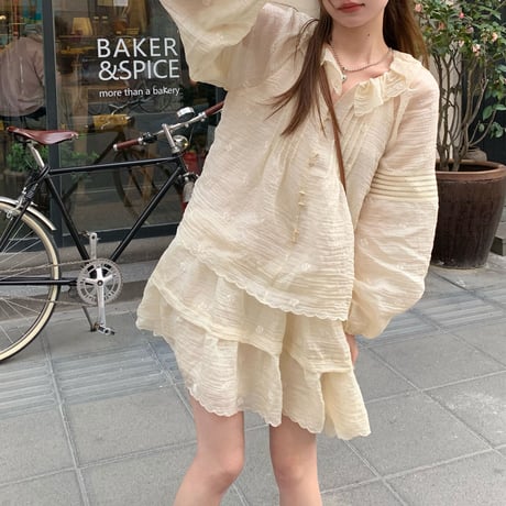 フェイクレイヤード ワンピース レース フリル ミニワンピース ゆったりウエスト Aライン 長袖 レトロ 韓国ファッション レディース 大人可愛い ガーリー DTC-769341141605