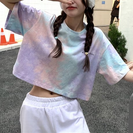 【3カラー】  Tシャツ タイダイ柄 半袖 クロップド丈 ショート丈 へそ出し 絞り染め カジュアル 韓国ファッション レディース 韓国ストリートファッション DTC-646013907781