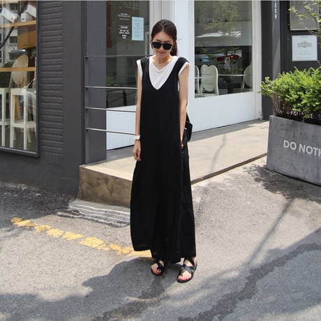 レディース サロペット オールインワン ワイドパンツ ノースリーブ ワイドパンツ 韓国ファッション (DCT-565140315743)