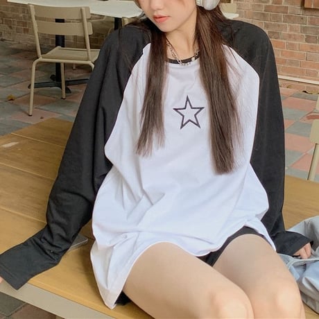 tシャツ バイカラー ラグランスリーブ スター 星 オーバーサイズ トップス ロンT 長袖 ゆったり 体型カバー カジュアル レトロ 韓国ファッション レディース DTCA-778096918717