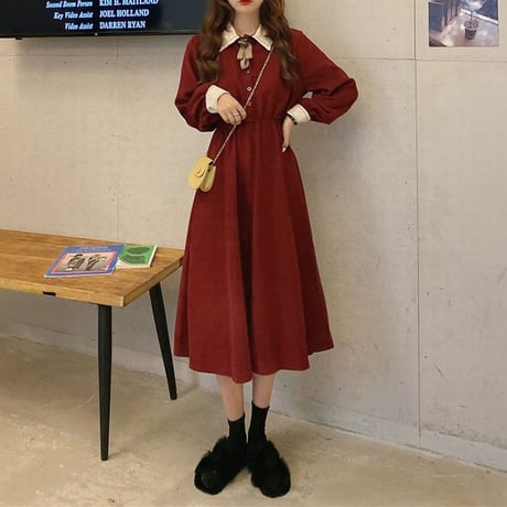 【2カラー】ワンピース リボンタイ 襟付きワンピース ポロカラー ハイウエスト 長袖 レトロ 韓国ファッション レディース 大人可愛い ガーリー フェミニン DTC-629140556561