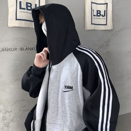 【3カラー】 ユニセックス パーカー ジップアップ バイカラー 裏起毛 ルーズ ライン入り 韓国ファッション メンズ レディース カジュアル ストリート系 DTC-627099735837