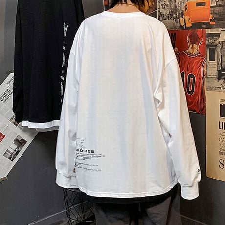 ユニセックス Tシャツ 長袖 韓国ファッション メンズ レディース ラウンドネック シンプル 英字 プリント オーバーサイズ 大きいサイズ ルーズ ストリート DTC-624323933048