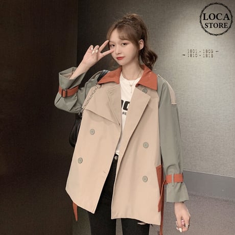 ショートコート バイカラー ベルト付き 袖ベルト 韓国ファッション レディース トレンチコート ダブルブレスト カジュアル 長袖 ゆったり 大人可愛い ガーリー DTC-627548571464