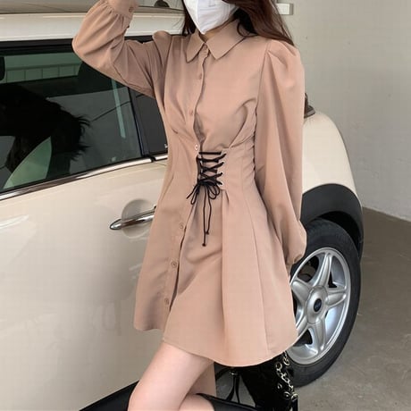 シャツワンピース レースアップ ハイウエスト 編み上げ ポロカラー ハイウエスト 長袖 レトロ 韓国ファッション レディース 大人可愛い ガーリー フェミニン DTC-666508142667