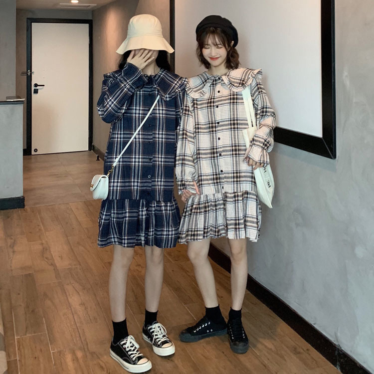 韓国♡チェック柄　ゆったり　ワンピース　切り替え　ブラック　着痩せ　フリル チェック柄 ワンピース フリル フロントボタン 韓国ファッション