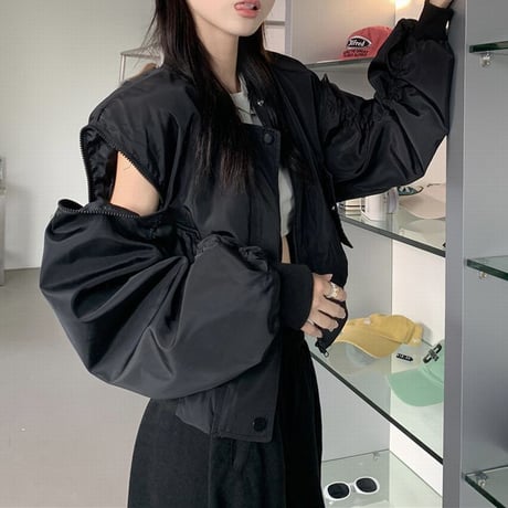 ミリタリー風 ブルゾン ジャンパー ショルダージップ バックプリント ルーズ 大人可愛い ガーリー カジュアル 韓国ファッション レディース ストリートファッション DTC-682381083902
