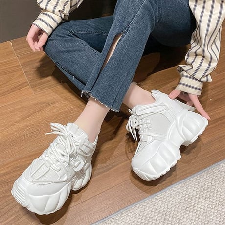 厚底 ダッドスニーカー 22.0～24.5cm シューレース メッシュ スニーカー 厚底スニーカー ホワイト ブラック カジュアル 韓国ファッション レディース DTC-680356145734