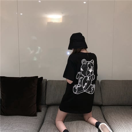 レディース 可愛いクマプリント Tシャツ ラウンドネック ゆったり 半袖 インスタ映え 韓国ファッション ホワイト ピンク (DCT-596629678942)