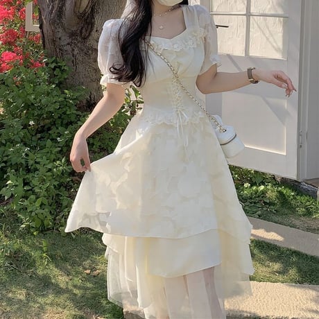 イレギュラーヘム ワンピース 半袖 スクエアネック パフスリーブ 編み上げ シフォン フリル ハイウエスト 不規則デザイン 大人可愛い ガーリー フェミニン DTCA-783499649875