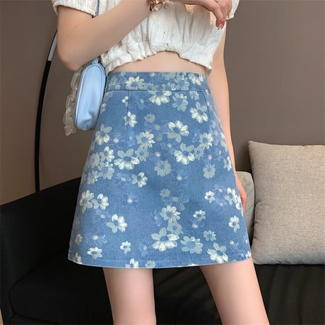 花柄 デニムスカート ミニスカート デニム 総柄 ハイウエスト レトロ 韓国ファッション レディース 大人可愛い ガーリー フェミニン カジュアル DTC-643028662409