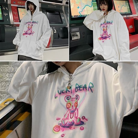 ユニセックス プルオーバー パーカー LUCKY BEAR 裏起毛 韓国ファッション メンズ レディース オーバーサイズ ストリート (DTC-609308830147)