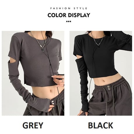 カットアウト Tシャツ クロップド丈 クルーネック ロンT トップス ショート丈 スリムフィット シンプル 長袖 ルーズ レトロ 大人可愛い ガーリー カジュアル DTCA-740310634830