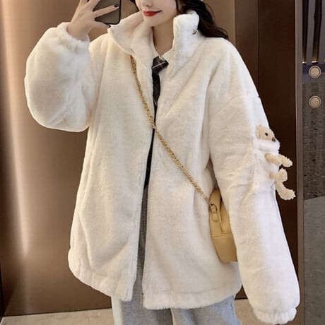 クマのぬいぐるみ付き ボアジャケット ボアブルゾン ゆったり アウター レトロ 韓国ファッション レディース 大人可愛い ガーリー フェミニン カジュアル DTC-657634169827