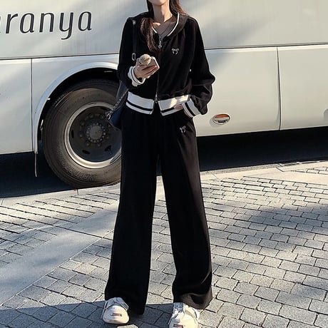 セットアップ トップス パーカー ワイドパンツ ダブルジップ ハートチャーム ジャージ 長袖 レトロ 韓国ファッション レディース 大人可愛い ガーリー カジュアル DTC-747506383779