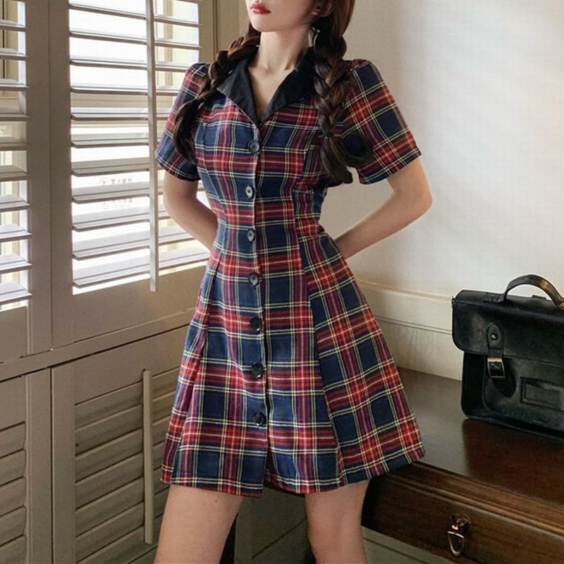 チェック ワンピース 半袖 ウエストリボン ハイウエスト 韓国