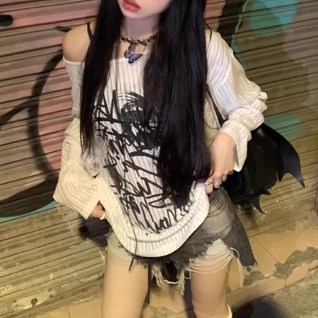 シアートップス 薄手 グラフィティプリント シアーtシャツ シアー ロンt トップス ゆったり ルーズ 長袖 レトロ 大人可愛い ガーリー カジュアル DTCA-824610657989