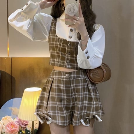 セットアップ チェック柄 フェイクレイヤードトップス ショートパンツ バルーンスリーブ ボタン リボン レトロ 韓国ファッション レディース 大人可愛い ガーリー DTC-682982915477