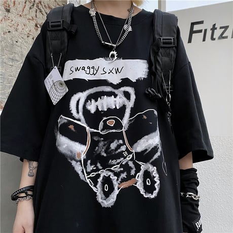 ユニセックス Tシャツ 半袖 ドロップショルダー ダーティーベア オーバーサイズ 韓国ファッション メンズ レディース トップス 暗黒系 ストリートファッション DTC-621077252226