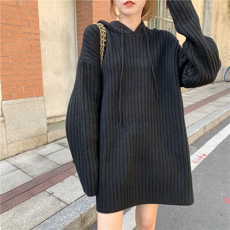【パーカー】 フード ニット プルオーバー ルーズ 厚手 韓国ファッション レディース トップス パーカーワンピース 無地 長袖 カジュアル ストリート DTC-630591680139