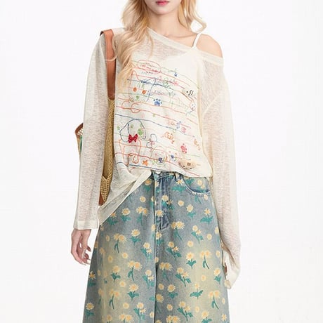 シアートップス 落書き風プリント 薄手 UVカット ワンショルダー シアーtシャツ ロンt トップス 日焼け防止 ゆったり 長袖 レトロ 大人可愛い ガーリー DTCA-925730185096