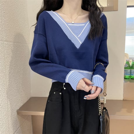 レイヤード風 ニットセーター トップス ドルマンニット プルオーバー Vネック ショート丈 ニット レトロ 韓国ファッション レディース 大人可愛い ガーリー DTC-654561361628