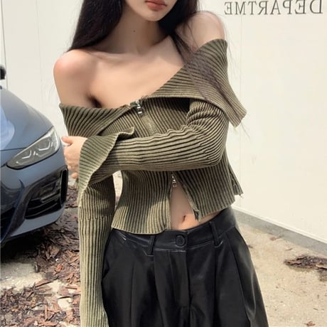 6カラー ダブルジップ ニット オフショルダー クロップド丈 トップス オフショル スリムフィット 長袖 レトロ 韓国ファッション レディース 大人可愛い ガーリー DTC-735530117178