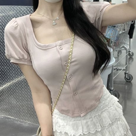 【3カラー】 フロントボタン トップス tシャツ 半袖 スクエアネック ショート丈 スリムフィット 薄手 レトロ 韓国ファッション レディース 大人可愛い ガーリー DTC-705495120582