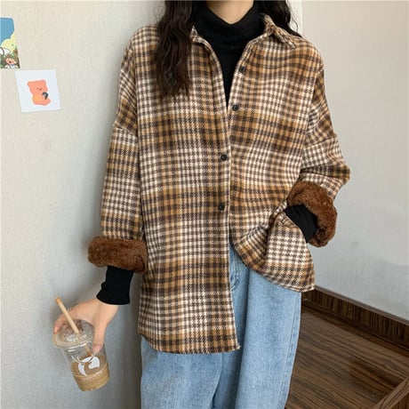 裏起毛 チェック柄 シャツ アウター チェックシャツ 長袖 厚手 暖かい レトロ 韓国ファッション レディース  カジュアル もこもこ ゆったり ボア おしゃれ DTC-658487637007