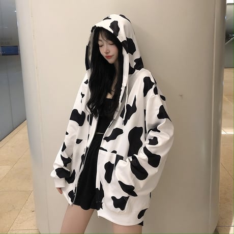 牛柄 パーカー ジップアップ オーバーサイズ 韓国ファッション レディース ルーズ ジッパー 長袖 ゆったり 大きめ ルーズ カジュアル ストリート ファッション DTC-628266604018