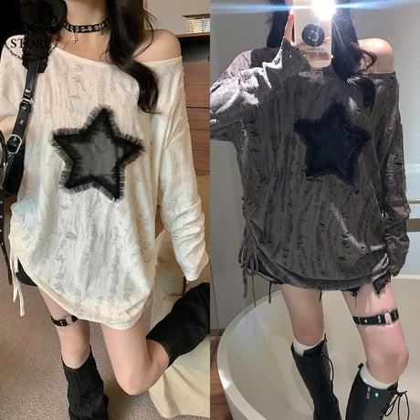 ロンT ダメージ加工 スター 星 ドローストリング ドロスト ダメージトップス プルオーバー tシャツ オーバーサイズ ルーズ 長袖 レトロ 大人可愛い ガーリー DTCA-837831882209