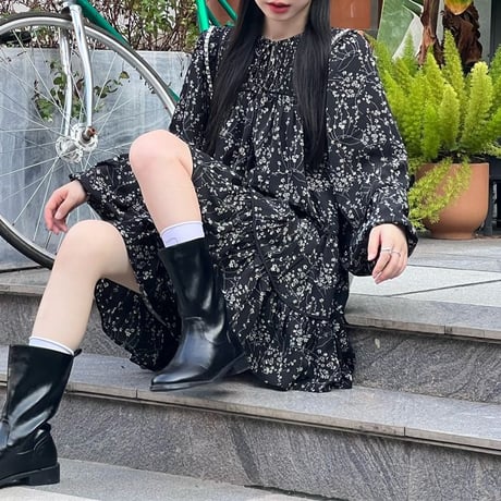 花柄 ワンピース ランタンスリーブ フリル ミニワンピース ゆったりウエスト Aライン ルーズ 長袖 レトロ 韓国ファッション レディース 大人可愛い ガーリー DTC-734739190315