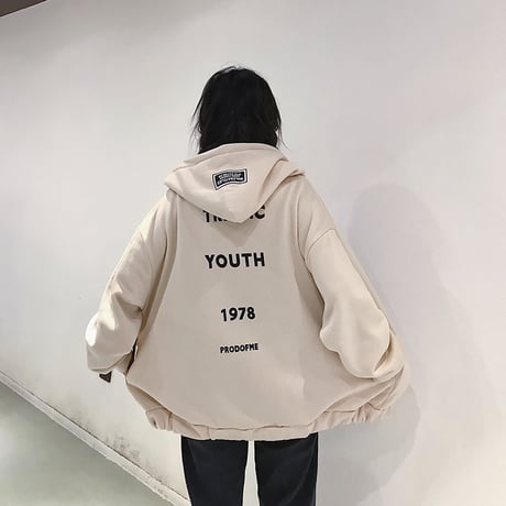 ジップアップ パーカー スウェット 韓国ファッション レディース バックプリント 英字 オーバーサイズ 秋 冬 大人カジュアル (DTC-561821959124)