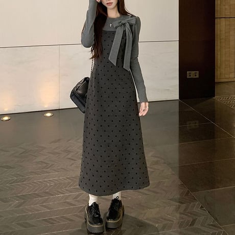 フェイクレイヤード ロングワンピース フェイクツーピース リボンタイ付き カットソー ドット柄ワンピース スリムフィット 長袖 レトロ 大人可愛い ガーリー DTC-865203893747