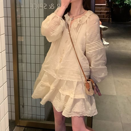 フェイクレイヤード ワンピース レース フリル ミニワンピース ゆったりウエスト Aライン 長袖 レトロ 韓国ファッション レディース 大人可愛い ガーリー DTC-769341141605