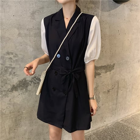 ワンピース トレンチ風 フェイクレイヤード 韓国ファッション レディース Aライン ダブルブレスト シンプル ガーリー フェミニン DTC-616848359436