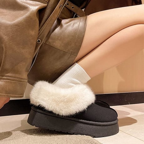 厚底 ムートンブーツ スリッポン ショート丈 フェイクファー 厚底ブーツ 裏起毛 ブーツ 保温 防寒 暖かい もこもこ カジュアル 韓国ファッション レディース DTCA-740558533782