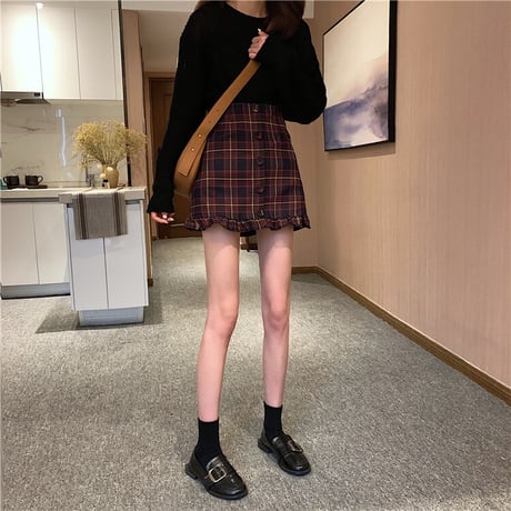 チェック柄 ミニスカート 裾フリル フロントボタン ショート Aライン ハイウエスト 韓国ファッション レディース スカート 大人可愛い ガーリー フェミニン DTC-652966930448