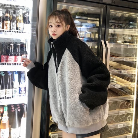 ボアブルゾン バイカラー アウター 韓国ファッション レディース ブルゾン ジャケット もこもこ フロントジッパー カジュアル 秋 冬 (DTC-605491386925)