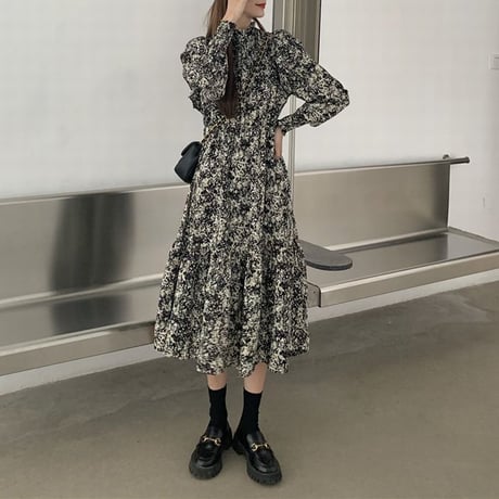 ワンピース クルーネック 長袖 Aライン ロング丈 ハイウエスト レトロ 韓国ファッション レディース 大人可愛い ガーリー フェミニン DTC-654404231190