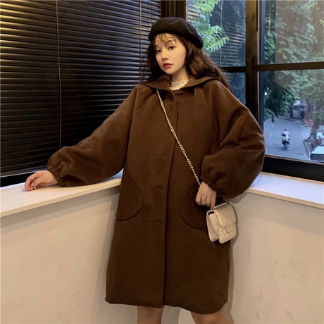 フード付き コート 韓国 ファッション レディース ポケット ランタンスリーブ パフ袖 アウター ロング丈コート ウールコート レトロ (DTC-606921346543)