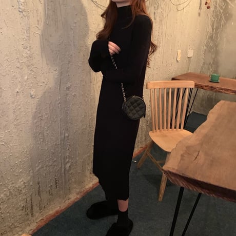 【ワンピース】 ニットワンピース ハイウエスト 長袖 韓国ファッション レディース タートルネック レトロ かわいい ガーリー 627406052202