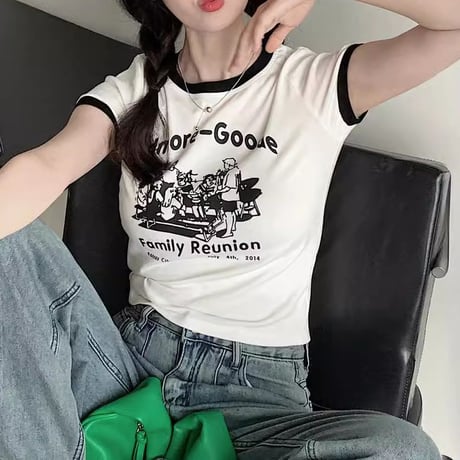 レトロプリント Tシャツ ショート丈 半袖 クルーネック スリムフィット レトロ カジュアル ストリートファッション ストリート系女子 DTCA-702505709620