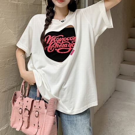 【2カラー】 セット商品 ハートカット Tシャツ 半袖 チューブトップ ゆったり ルーズ 韓国ファッション レディース 大人可愛い ガーリー カジュアル DTC-677839893584