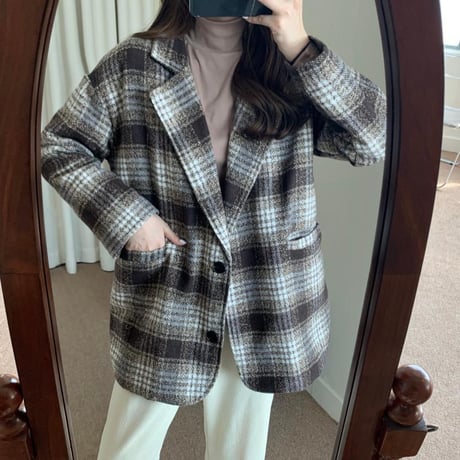 チェック柄 チェスターコート ルーズ シングルブレスト 韓国ファッション レディース コート シングルボタン 大人可愛い ガーリー DTC-631667786680
