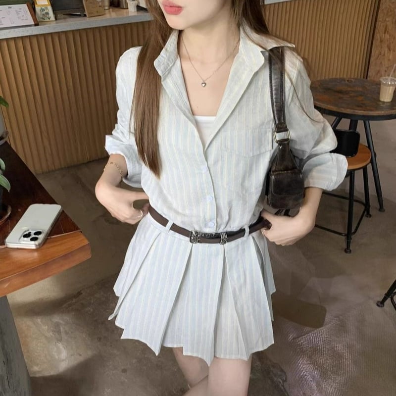 シャツワンピース ストライプ柄 ベルト付き プリーツ Aライン