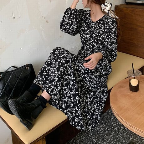 小花柄 ワンピース パフスリーブ ロング丈 ハイウエスト 長袖 クルーネック 薄手 韓国ファッション レディース 大人可愛い ガーリー フェミニン レトロDTC-655695330315