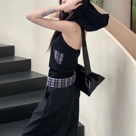セットアップ ジップアップ ノースリーブ パーカー ワイドパンツ チェック柄 オープンバック トップス モップパンツ ハイウエスト レトロ 大人可愛い ガーリー DTC-813640661892