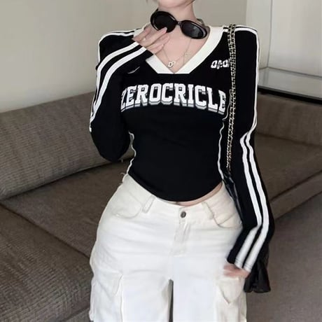 ユニフォーム風 tシャツ クロップド丈 ゲームtシャツ ロンT 袖ライン スリムフィット トップス Vネック 長袖 レトロ カジュアル スポーツミックス DTCA-817363745673