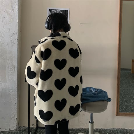 ハート柄 ボアジャケット ボアブルゾン ラムウール 韓国ファッション レディース ファーブルゾン ゆったり アウター かわいい 大人可愛い ガーリー DTC-631146782619